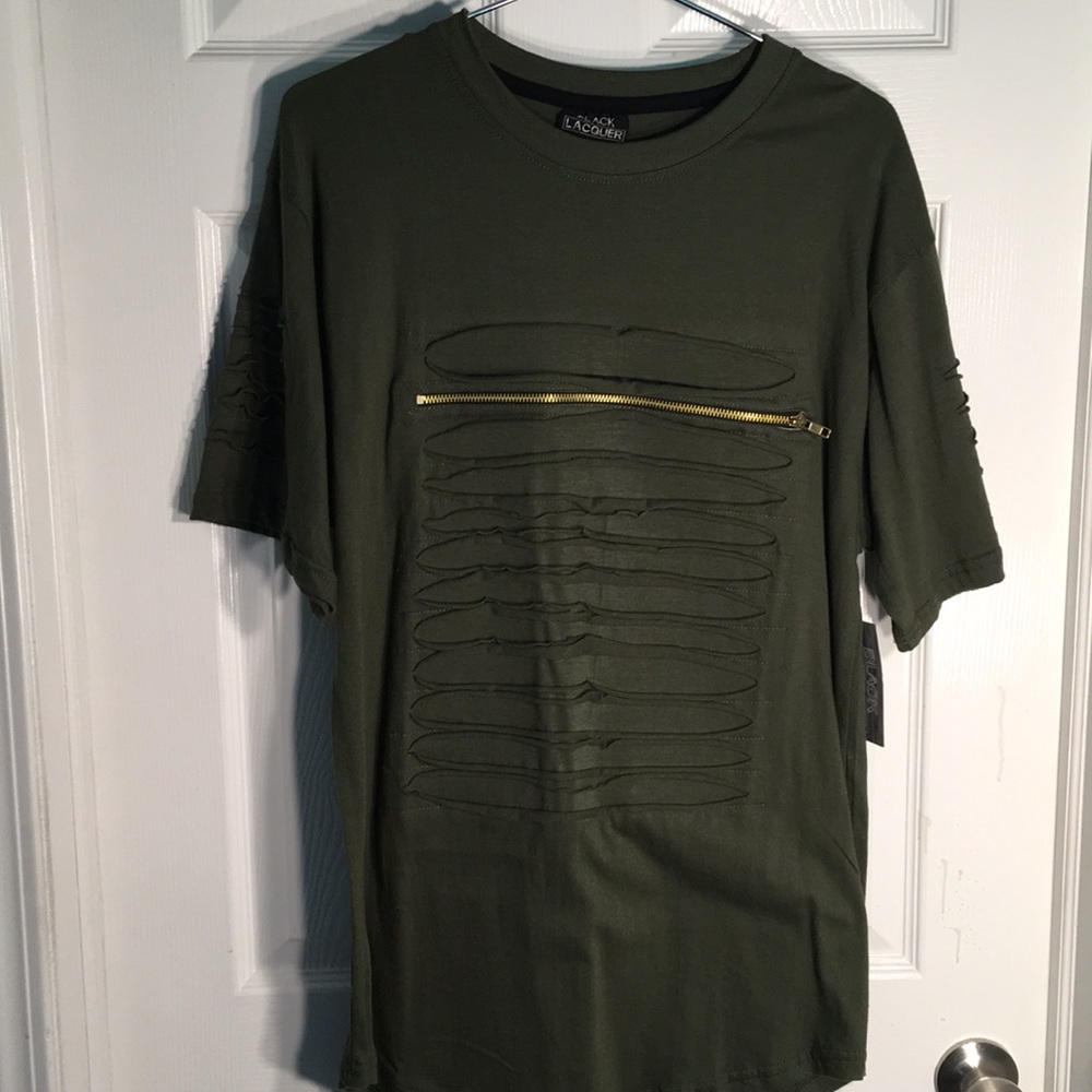 Black Lacquer Ribbed Zipper T-…